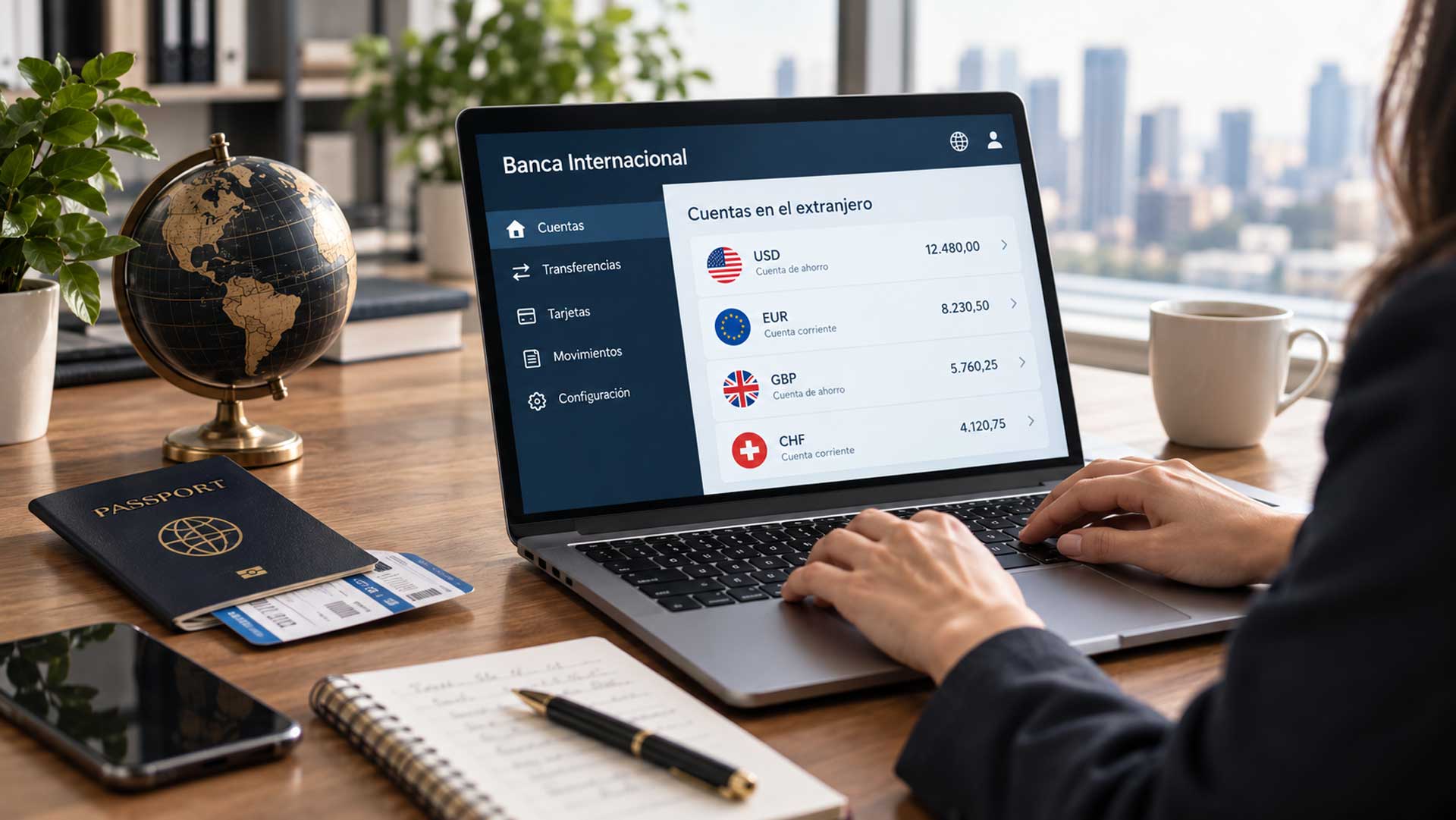 Portátil mostrando cuentas bancarias en el extranjero