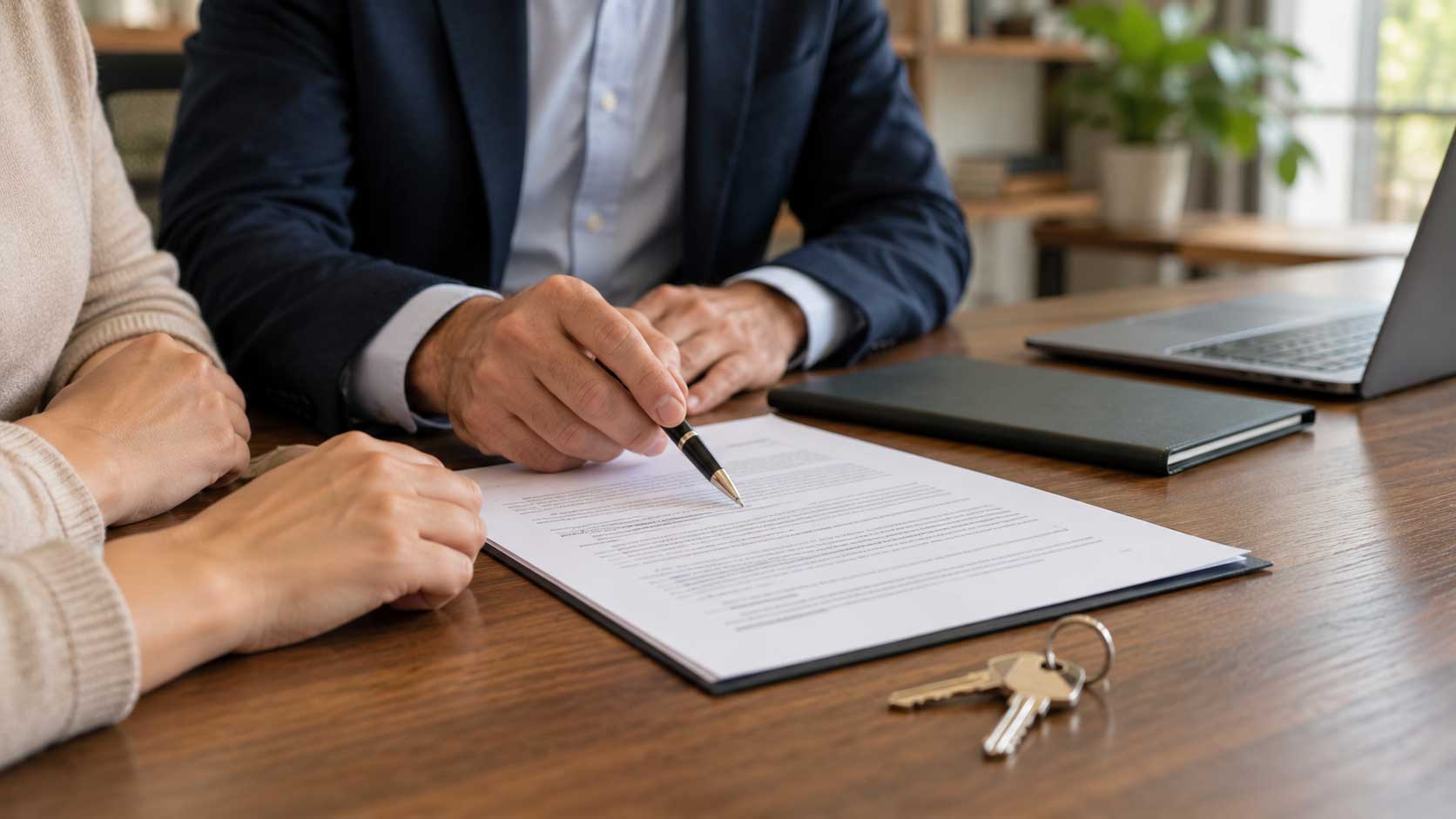 Dos personas revisando un contrato de alquiler, con unas llaves sobre la mesa